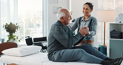 Buy stock photo Physiotherapist, help and senior man in office, discussion for recovery or consultation. Pensioner, physical therapy or old person in clinic, support or chiropractor with healthcare or rehabilitation