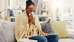 Sick, blanket and black woman on sofa with tissue for viral infection, allergies and sinusitis in home. Apartment, health and person with napkin for blowing nose with cold, illness and flu season