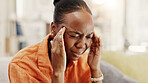 Headache, stress and black woman in home with tension for burnout, medical crisis and health risk. House, fatigue and person with head pain, brain fog and migraine and massage temples for pressure