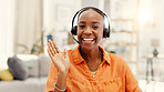 Portrait, video call and black woman in home, headset for communication and happiness. Apartment, greeting or African person in living room, smile and wave for hello, conversation or virtual chatting