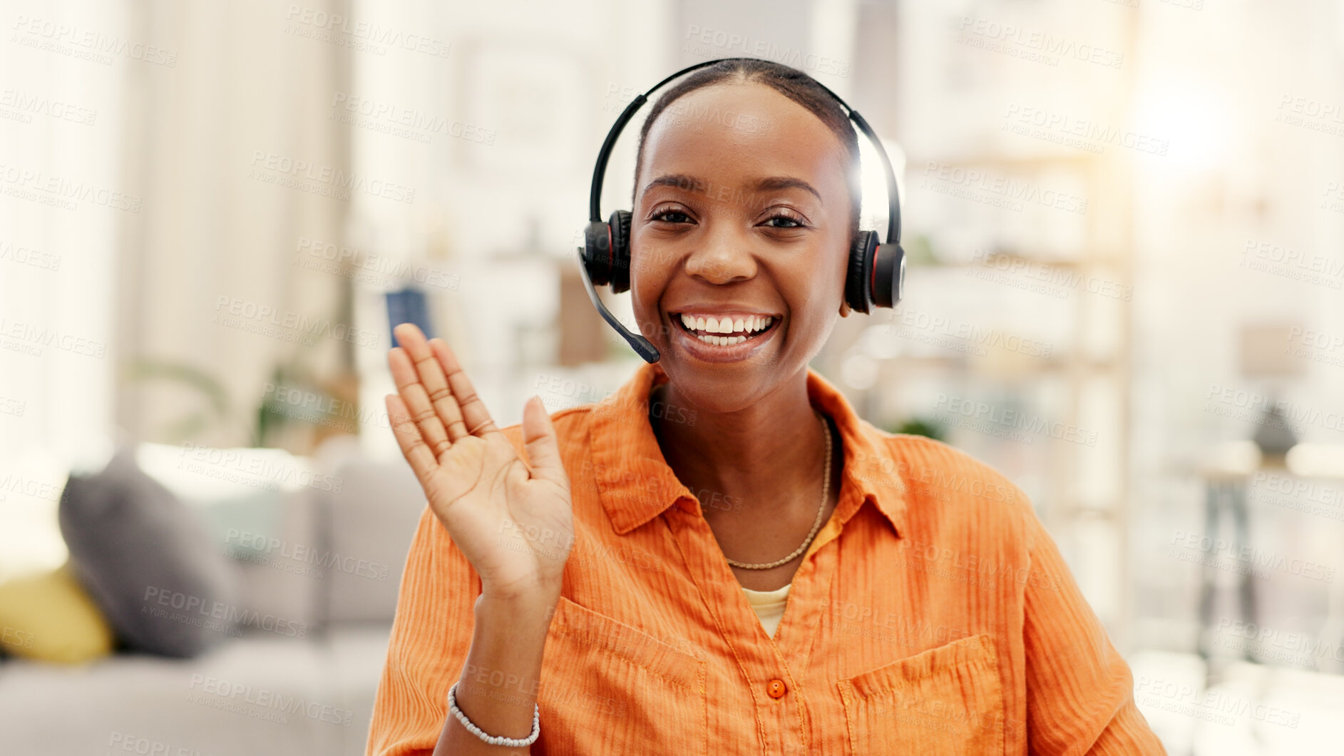 Buy stock photo Portrait, video call and black woman in home, headset for communication and happiness. Apartment, greeting or African person in living room, smile and wave for hello, conversation or virtual chatting