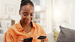 Smile, black woman and phone with credit card in home for ecommerce, fintech and transaction. Happy, person or mobile for online shopping, easy payment and bank information of purchase subscription

