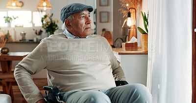 Buy stock photo Thinking, sad or old man in house with wheelchair, loss or memory of past mistake in living room. Mental health, reflection and senior person with disability, nostalgia or regret in retirement.