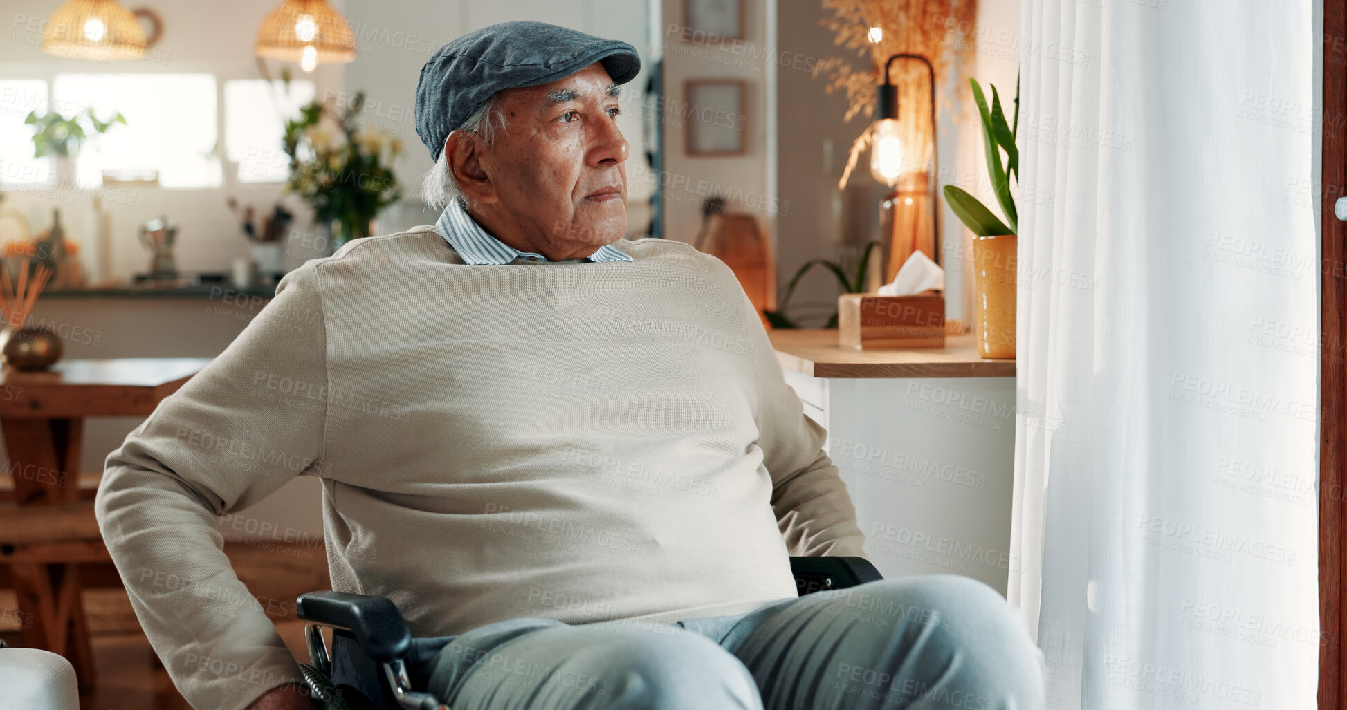Buy stock photo Thinking, sad or old man in house with wheelchair, loss or memory of past mistake in living room. Mental health, reflection and senior person with disability, nostalgia or regret in retirement.