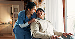 Senior man, wheelchair and woman in nursing home for health care, kindness and trust by window. Elderly patient, wellness and nurse to help person with a disability for hospice, smile or retirement