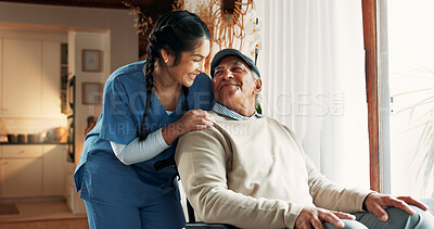 Buy stock photo Senior man, wheelchair and woman in nursing home for health care, kindness and trust by window. Elderly patient, wellness and nurse to help person with a disability for hospice, smile or retirement