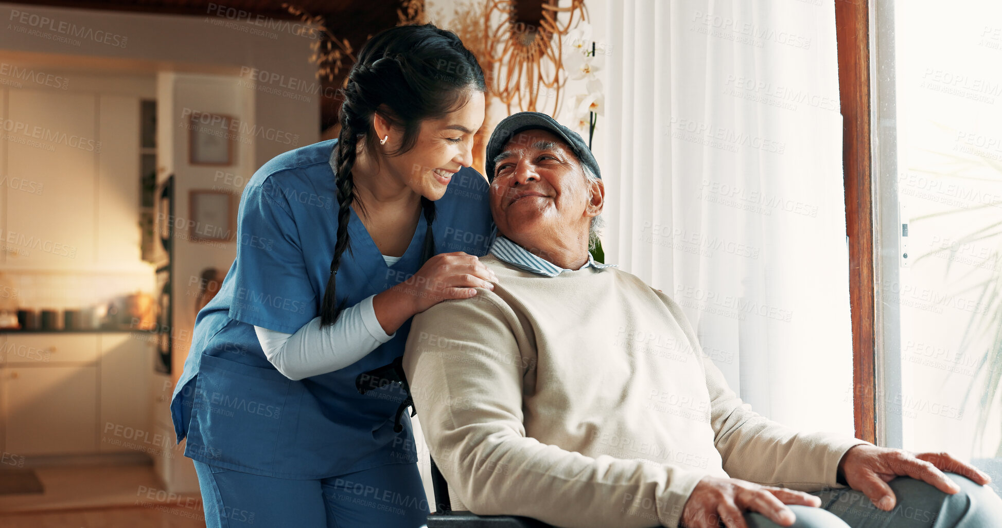 Buy stock photo Senior man, wheelchair and woman in nursing home for health care, kindness and trust by window. Elderly patient, wellness and nurse to help person with a disability for hospice, smile or retirement
