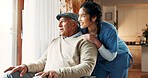 Woman, wheelchair and senior man by window in nursing home for health care, kindness and thinking. Elderly patient, wellness and nurse to help person with disability for hospice, smile or retirement
