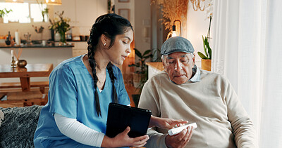 Buy stock photo Nurse, tablet and pill container with old man in assisted living for instructions or medical advice. App, explain and medication with healthcare woman speaking to senior patient in retirement home