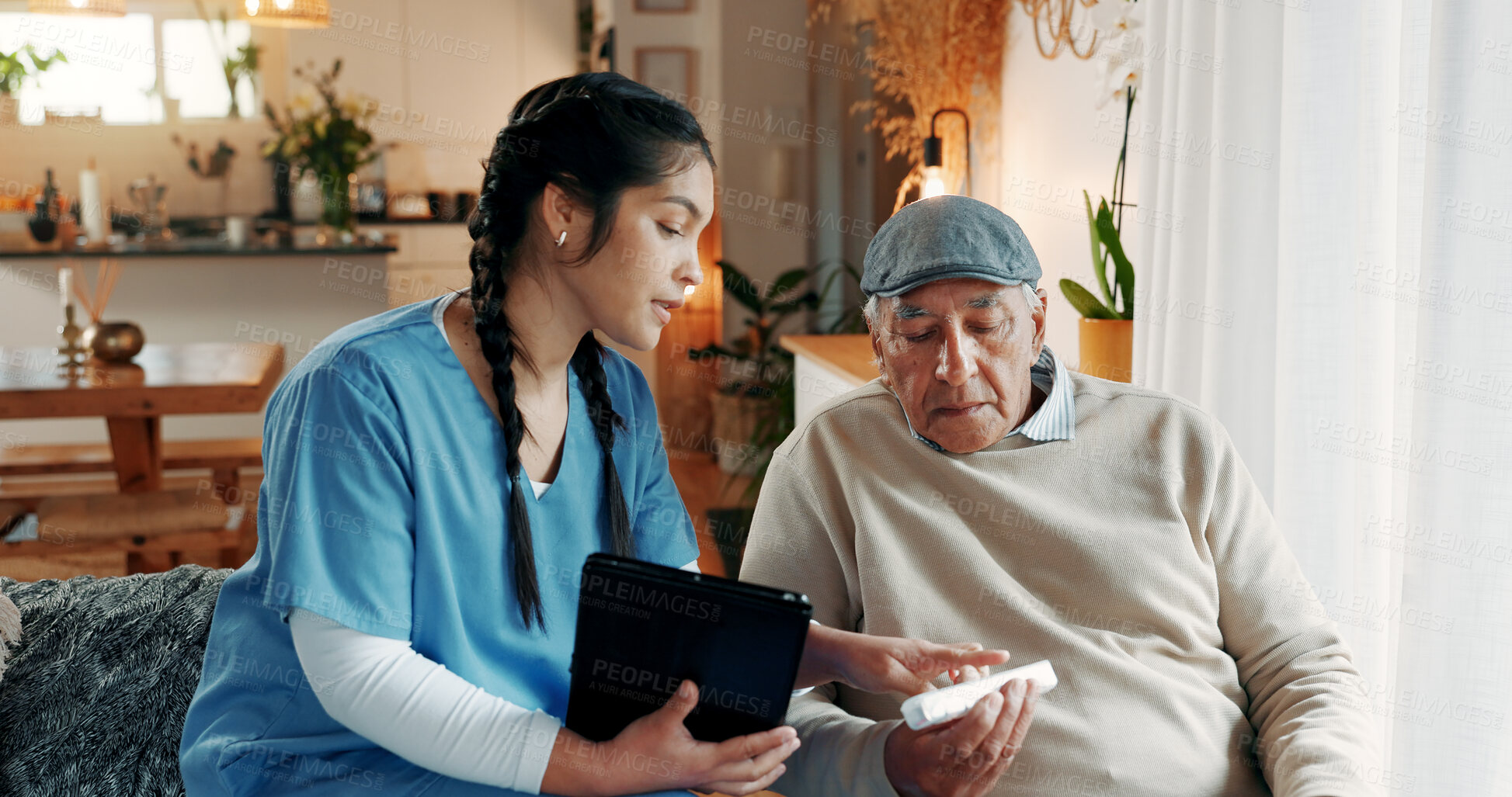 Buy stock photo Nurse, tablet and pill container with old man in assisted living for instructions or medical advice. App, explain and medication with healthcare woman speaking to senior patient in retirement home