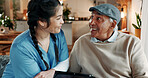 Excited, nurse and tablet with old man in assisted living for medical advice or positive feedback. App, good news and smile with healthcare woman speaking to happy senior patient in retirement home