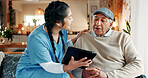 Nurse, tablet and talking with old man in assisted living for feedback, help or medical advice. App, explain and review with happy healthcare woman speaking to senior patient in retirement home