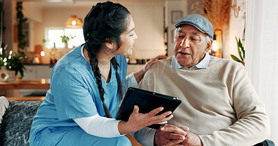 Buy stock photo Nurse, tablet and talking with old man in assisted living for feedback, help or medical advice. App, explain and review with happy healthcare woman speaking to senior patient in retirement home