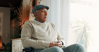 Buy stock photo Thinking, loss or old man in home with wheelchair, grief or memory of past mistake in living room. Mental health, reflection and senior person with disability, nostalgia or regret in retirement.