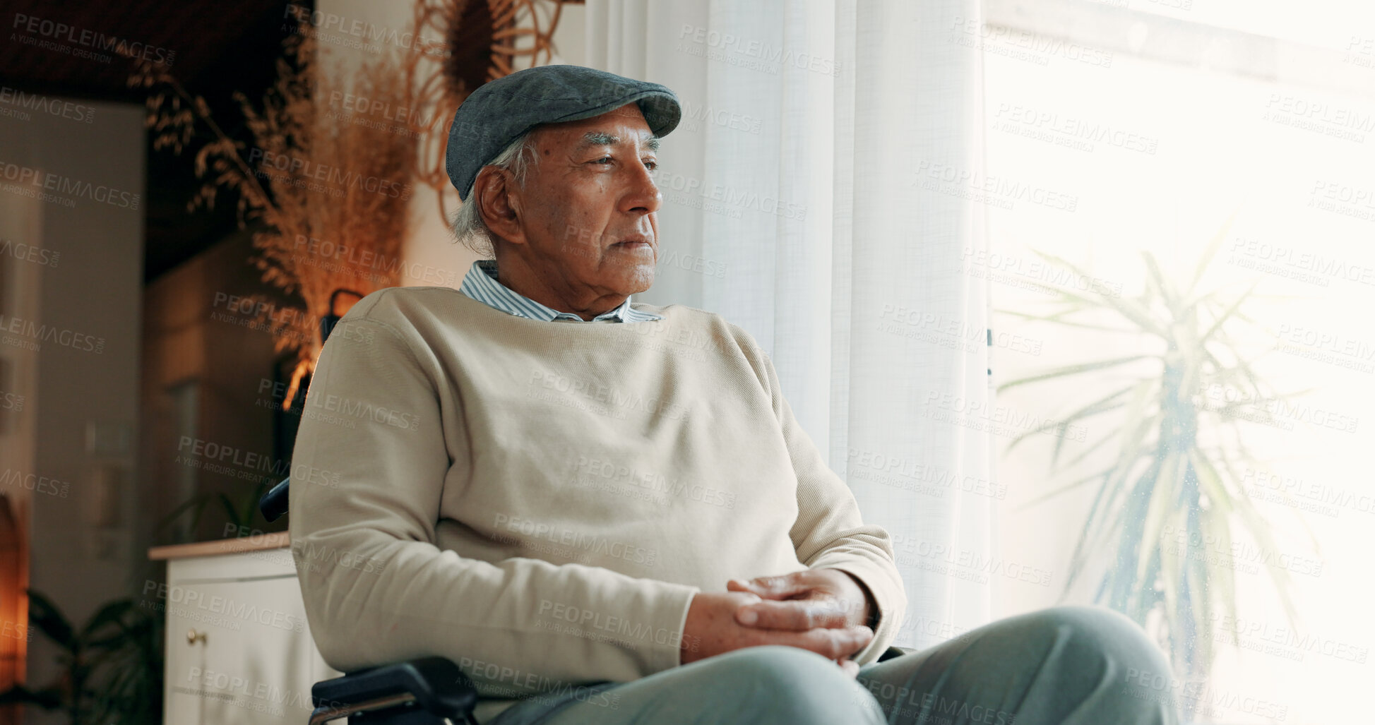 Buy stock photo Thinking, loss or old man in home with wheelchair, grief or memory of past mistake in living room. Mental health, reflection and senior person with disability, nostalgia or regret in retirement.