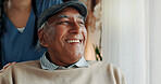 Happy, thinking and old man in nursing home with caregiver, good memories and contemplation about past. Space, nurse and senior person in retirement center with reflection, nostalgia and wellness.