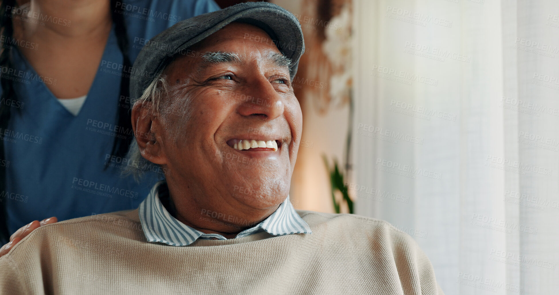 Buy stock photo Happy, thinking and old man in nursing home with caregiver, good memories and contemplation about past. Space, nurse and senior person in retirement center with reflection, nostalgia and wellness.