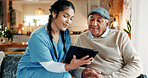 Healthcare, nurse and tablet with old man in lounge for advice, assisted living or feedback. App, conversation and medical insurance with caregiver speaking to senior patient in retirement home