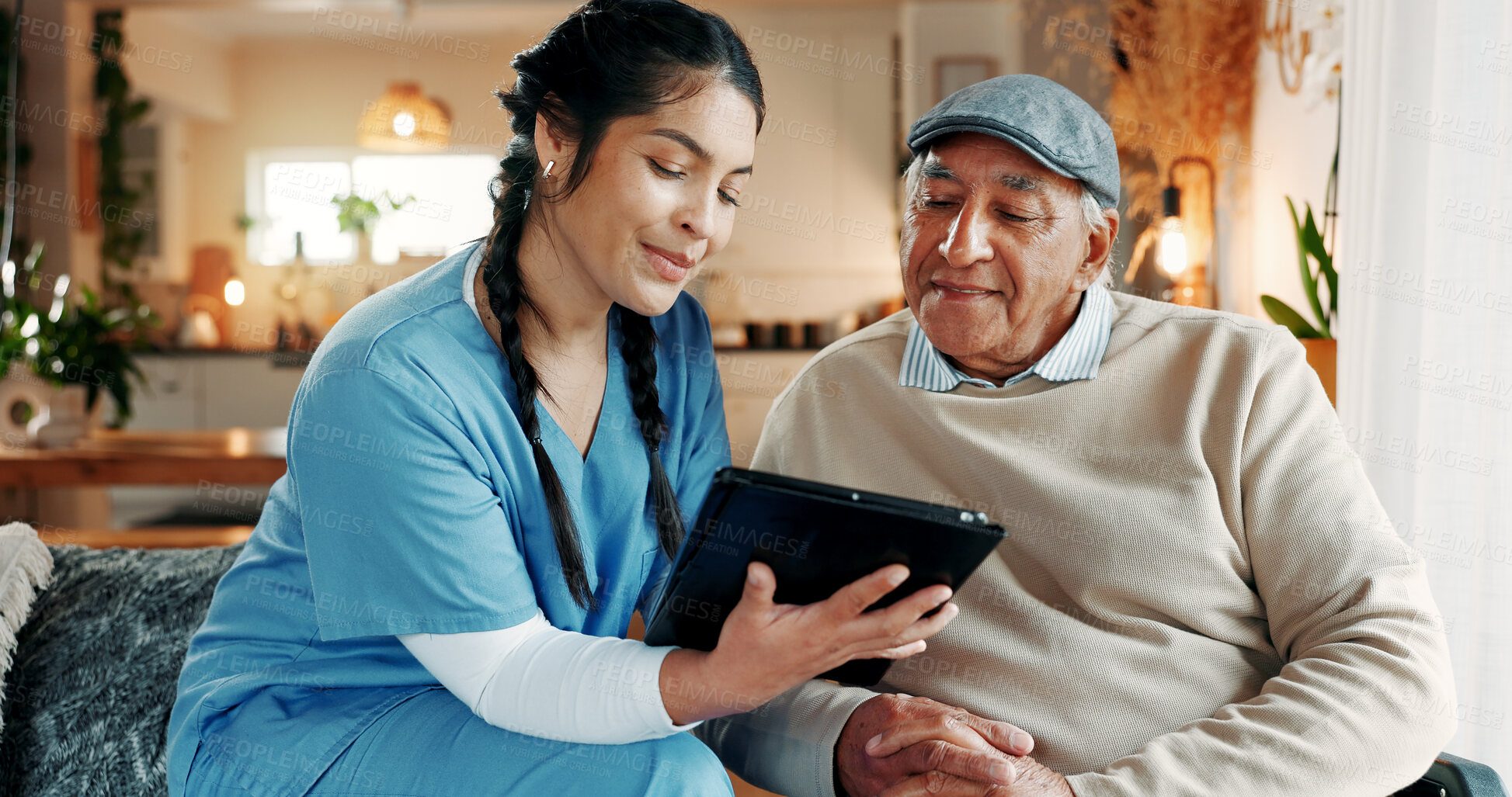 Buy stock photo Healthcare, nurse and tablet with old man in lounge for advice, assisted living or feedback. App, conversation and medical insurance with caregiver speaking to senior patient in retirement home