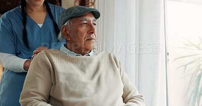 Buy stock photo Caregiver, wheelchair and senior man thinking by window in nursing home for health care and memory. Elderly patient, wellness and nurse to help person a disability for hospice, space or retirement