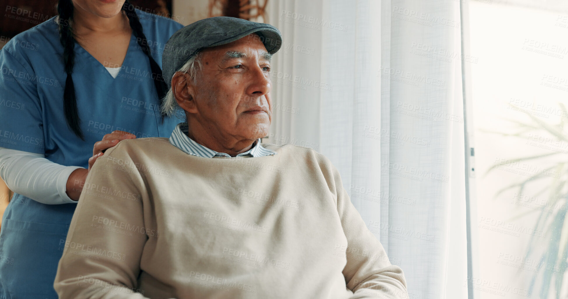 Buy stock photo Caregiver, wheelchair and senior man thinking by window in nursing home for health care and memory. Elderly patient, wellness and nurse to help person a disability for hospice, space or retirement