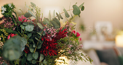 Buy stock photo Flowers, bouquet and leaves in empty house with decoration, foliage and blossom in living room. Interior design, home and plants with floral arrangement, lounge and bloom with display at apartment