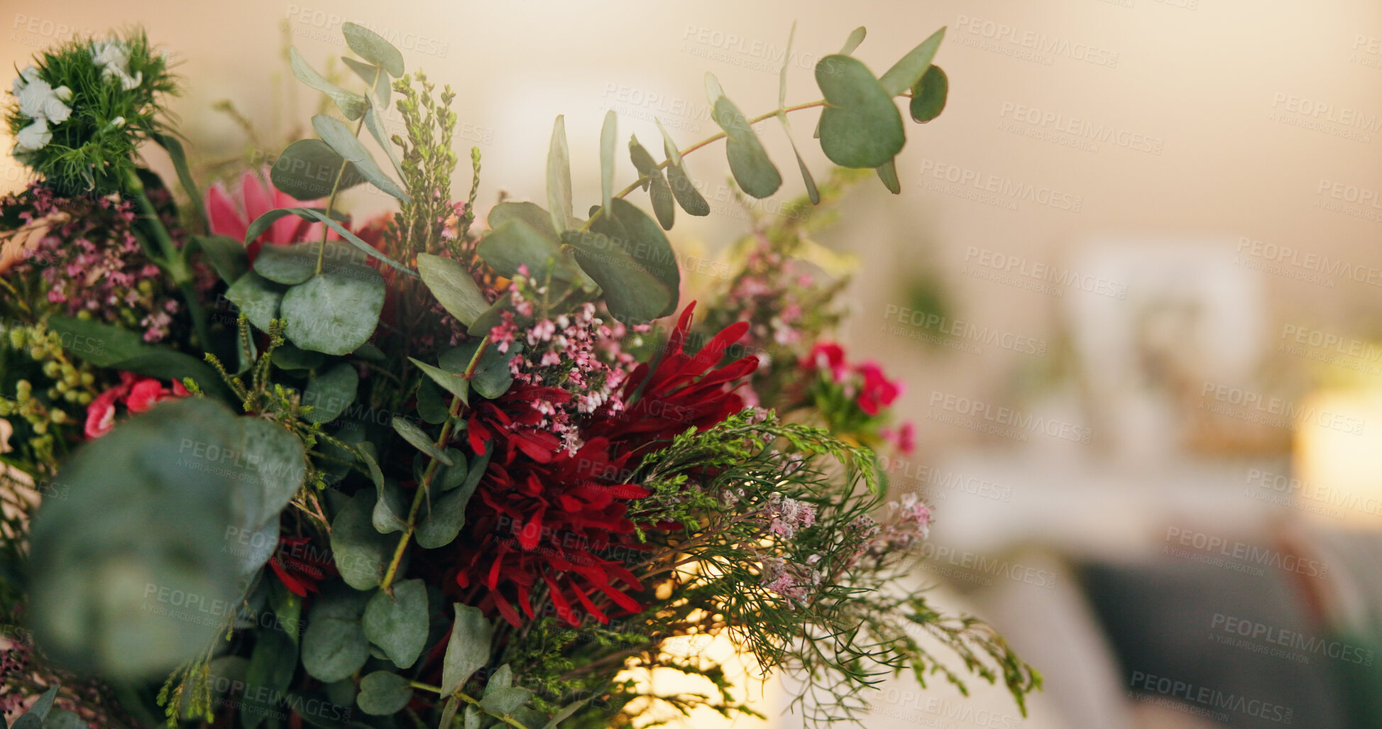 Buy stock photo Flowers, bouquet and leaves in empty house with decoration, foliage and blossom in living room. Interior design, home and plants with floral arrangement, lounge and bloom with display at apartment