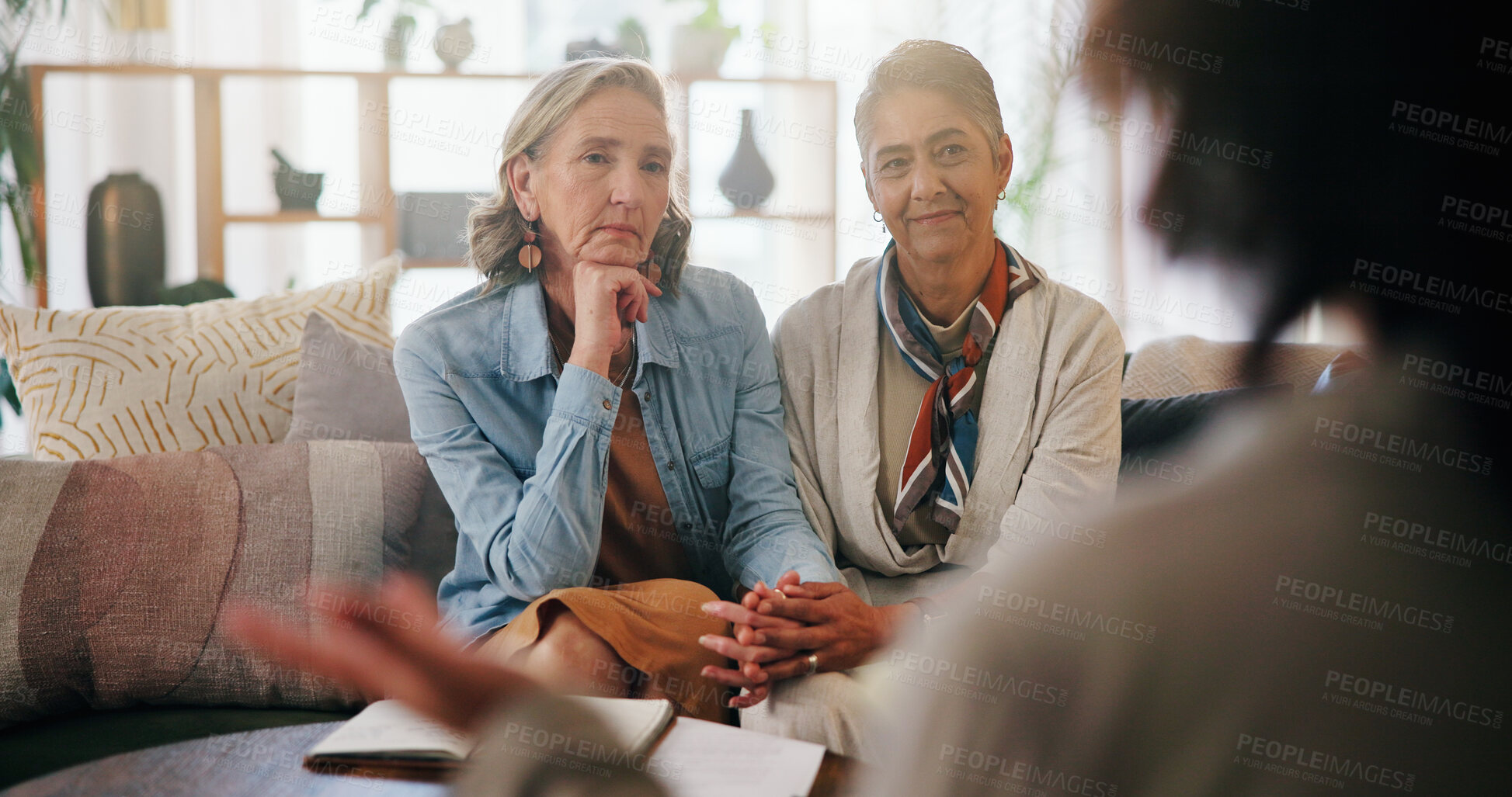 Buy stock photo Marriage counselor, therapy and lesbian couple in office with therapist for growth, trust or communication. Psychology, support and mature LGBTQ people with consultation for advice or guidance