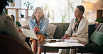 Marriage support, therapy and lesbian couple in office with therapist for growth, trust or communication. Psychology, stress management or mature LGBTQ people with consultation for advice or guidance