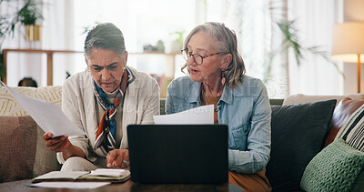 Buy stock photo Lesbian couple, old women and laptop in home with documents, retirement or investment planning. LGBTQ people, relationship and budget review with paperwork, meeting and savings for financial security