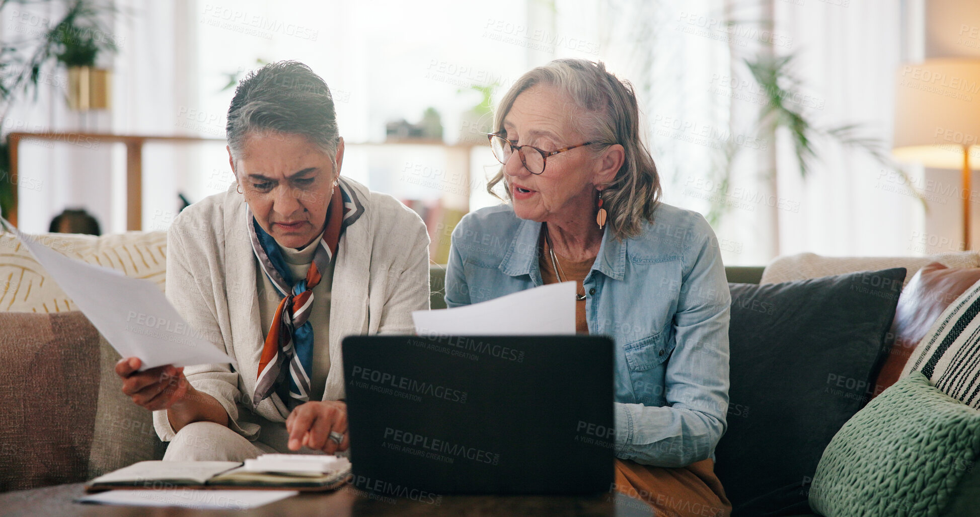 Buy stock photo Lesbian couple, old women and laptop in home with documents, retirement or investment planning. LGBTQ people, relationship and budget review with paperwork, meeting and savings for financial security