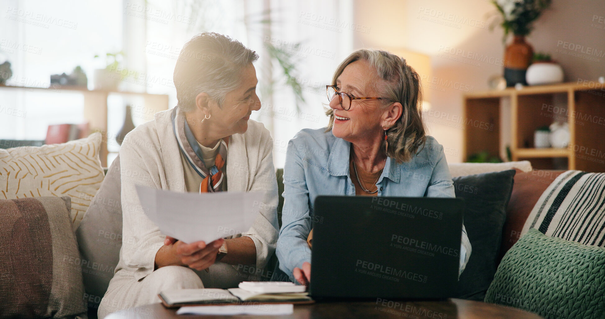 Buy stock photo Lesbian couple, old women and laptop in home for retirement, paperwork or investment planning. LGBTQ people, relationship and budget review with documents, meeting and savings for financial security