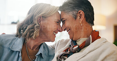 Buy stock photo Lesbian, smile or mature couple in house with connection, commitment or bonding together on weekend break. LGBTQ, happy or women with affection, loyalty or romantic moment in healthy relationship.