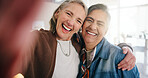 Old women, hug and happy for selfie in house, portrait or profile picture for memory on social media. Senior people, retirement and embrace with smile for image, photography and reunion of friends 