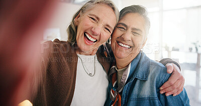 Buy stock photo Old women, hug and happy for selfie in house, portrait or profile picture for memory on social media. Senior people, retirement and embrace with smile for image, photography and reunion of friends 