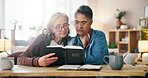 Reading, bible and senior women in home with learning religion, gratitude or worship together. Holy book, bonding and elderly female friends in retirement with studying for spiritual wellness.