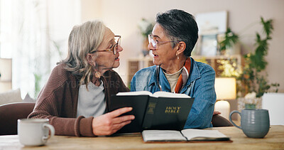Buy stock photo Discussion, bible and senior women in home with learning religion, gratitude or worship together. Holy book, reading and elderly female friends in retirement with studying for spiritual wellness.