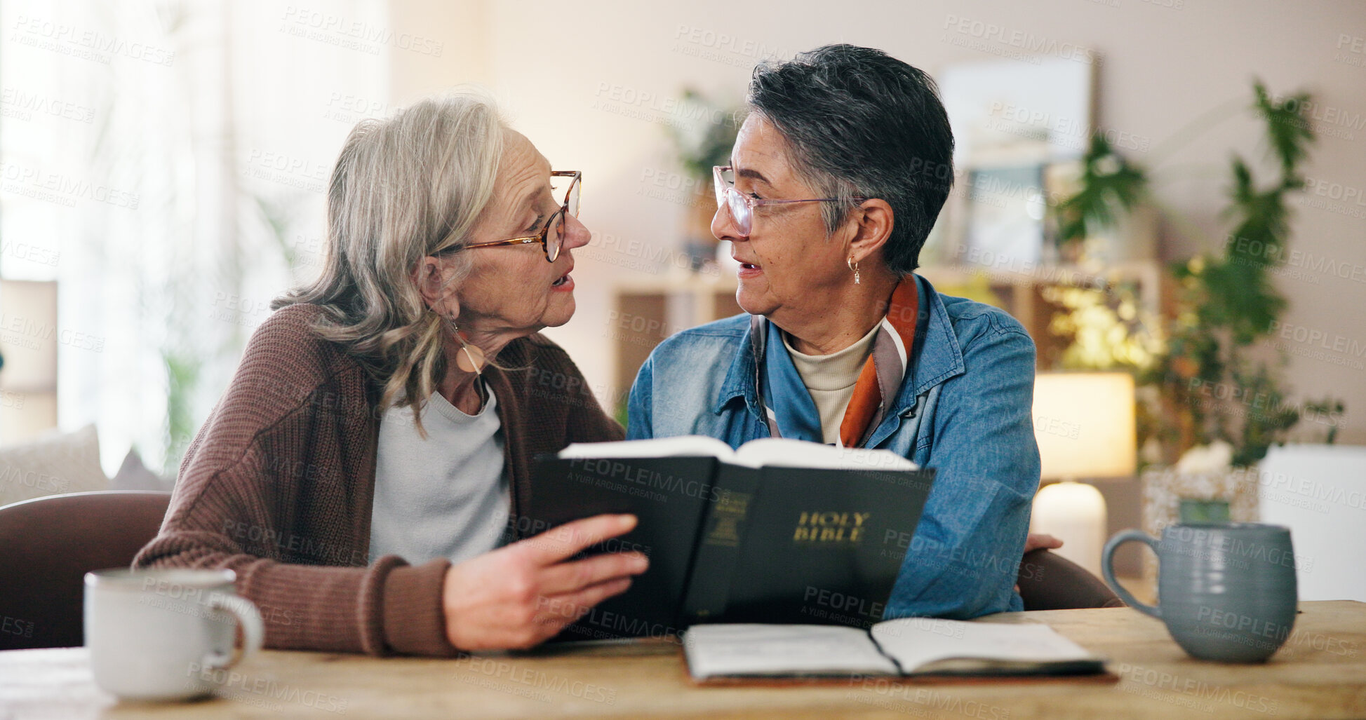Buy stock photo Discussion, bible and senior women in home with learning religion, gratitude or worship together. Holy book, reading and elderly female friends in retirement with studying for spiritual wellness.