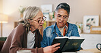 Reading, bible and senior women in house with learning religion, gratitude or worship together. Holy book, bonding and elderly female friends in retirement with studying for spiritual wellness.
