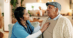 Doctor, checkup and old man in home with stethoscope, heart assessment or breathing evaluation tools. Healthcare worker, senior person and medical equipment for cardiology exam, consultation or help.