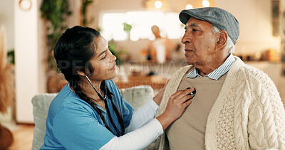 Buy stock photo Doctor, checkup and old man in home with stethoscope, heart assessment or breathing evaluation tools. Healthcare worker, senior person and medical equipment for cardiology exam, consultation or help.