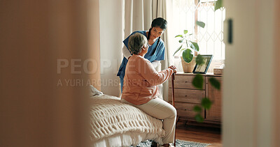 Buy stock photo Caregiver, help and old woman in nursing home with walking stick, support and conversation for healing. Space, nurse and senior person with disability, cane and rehabilitation in retirement center.