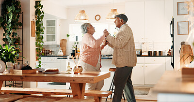 Buy stock photo Dancing, smile and senior couple in home, romance and retirement fun for anniversary celebration. Love, bonding or elderly people with support for healthy relationship, marriage or music in apartment