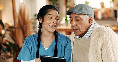 Buy stock photo Nurse, report and tablet with old man in assisted living for feedback, medical advice or review. App, consulting and explain with healthcare woman speaking to senior patient in retirement home
