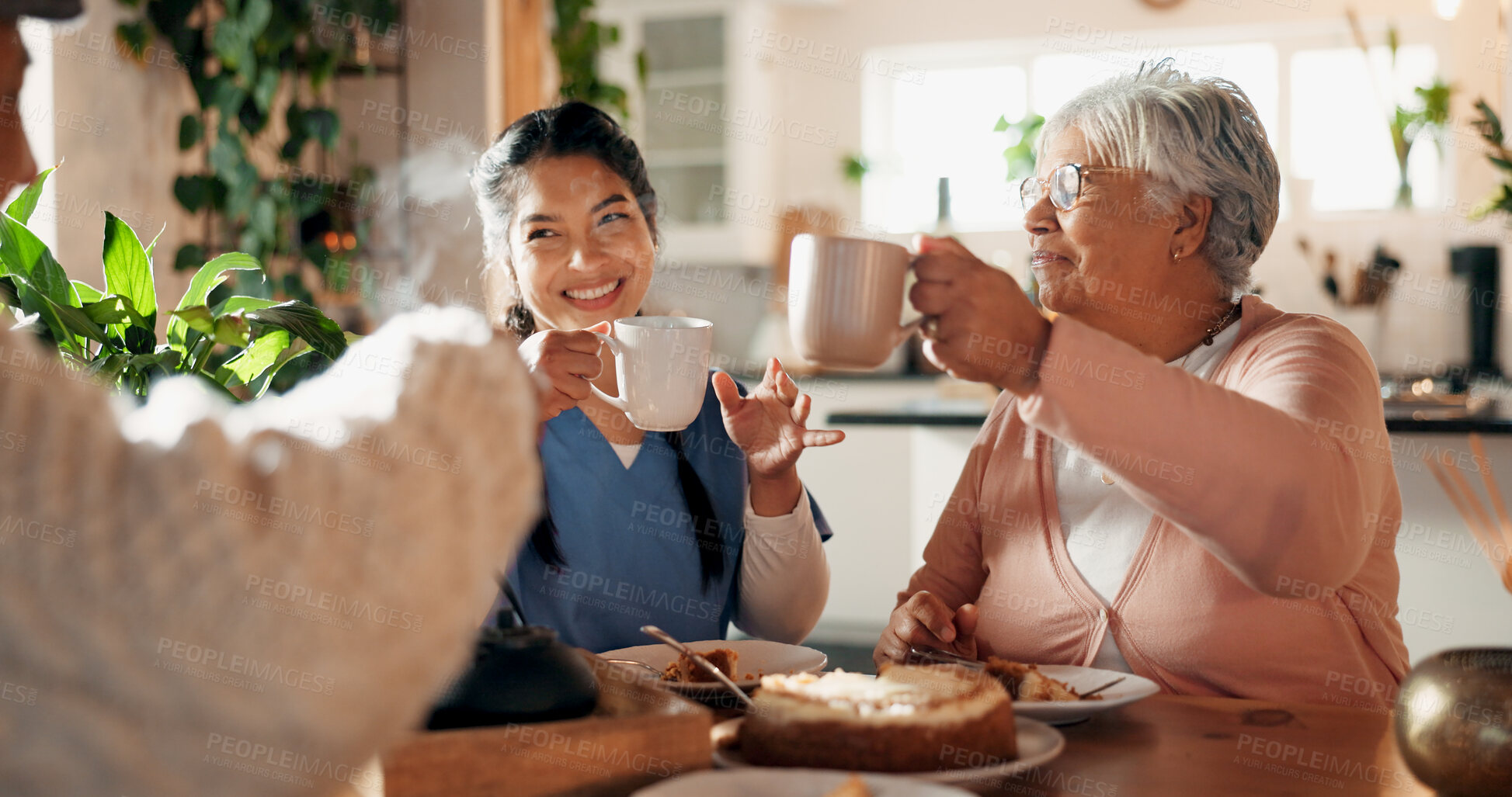 Buy stock photo Caregiver, old couple and cheers with coffee in home for good news, celebration and treatment success. Nurse, senior people and toast beverage for tea time, assisted living and healthcare milestone