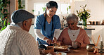 Caregiver, cake and senior couple at house for good news, celebration and treatment success. Smile, nurse or elderly people with morning dessert for tea time, assisted living and healthcare milestone
