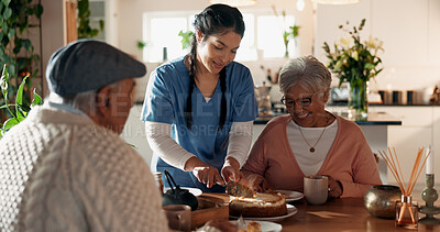 Buy stock photo Caregiver, cake and senior couple at house for good news, celebration and treatment success. Smile, nurse or elderly people with morning dessert for tea time, assisted living and healthcare milestone