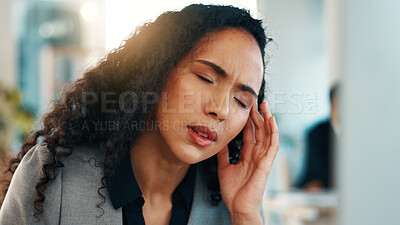 Buy stock photo Headache, strain or woman in office with frustration, tiredness or brain fog in task management. Fatigue, dizziness or employee in agency with migraine, discomfort or sore head in deadline pressure.