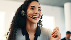 Call center, friendly or woman in office with headset, contact us or investment advice in crm service. Assistance, coworking or finance consultant with mic, online banking or guidance in loan support