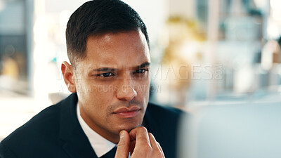 Buy stock photo Business, man and reading with computer in office for research, finance report and review policy. Thinking, male person and agent with pc for financial inquiry, risk assessment and insurance benefits